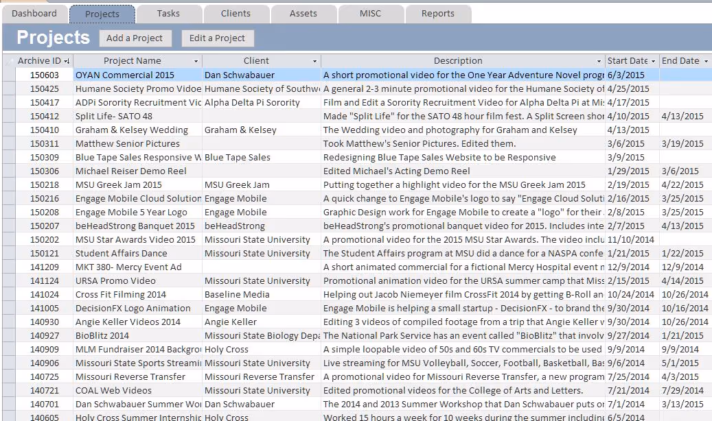 A screenshot of a database system