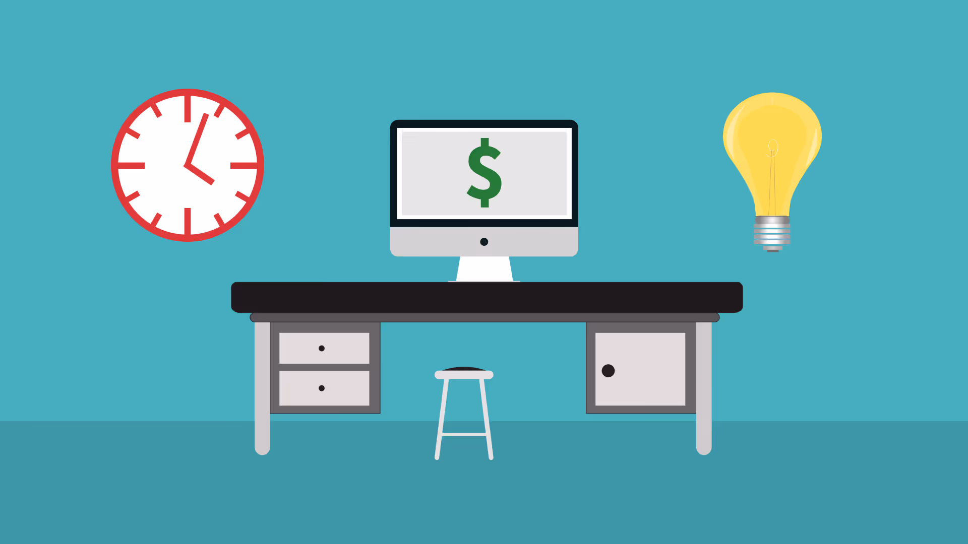 A graphic of a computer desk, clock, and lightbulb